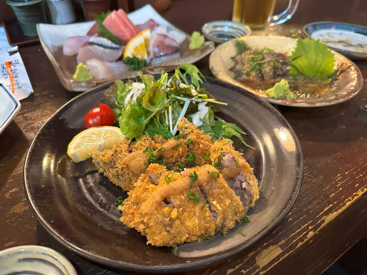 マグロ頬肉のカツ、ごまさば、刺身盛り合わせ